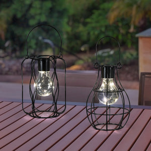 2 Piece Solar Black Metal Lanterns for Tabletop or Hanging, 4.5 by 10 Inches | Shop Garden Decor by Exhart
