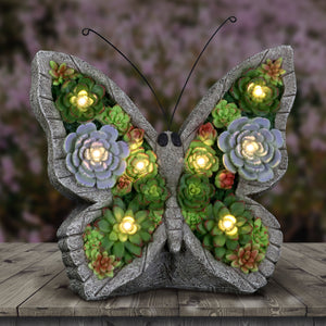 Solar Butterfly Succulent Marquee Garden Statue, 12 Inch