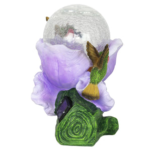 Solar Crackle Glass Orb in a Purple Blossom with Hummingbirds, 10 Inch