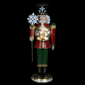 Hand Painted Nutcracker Soldier with LED Christmas Tree Globe Center and Snowflake Staff on a Battery Powered Automatic Timer, 20 Inch | Exhart