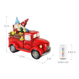 Solar Gnome Couple in Red Retro Truck with LED Flowers Garden Statuary, 17 by 14 Inches | Shop Garden Decor by Exhart