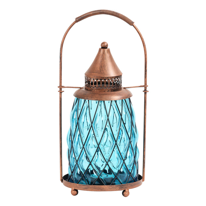 Solar Vintage Metal and Sea Blue Glass Accent Lantern with fifteen LED Fairy Firefly String Lights, 7 by 15 Inches