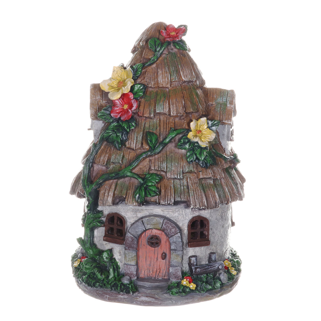 Solar Wood Shingle Roof Fairy House Garden Statue, 10 by 15 Inches