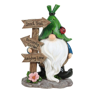 Solar Hand Painted Gnome with Leaf Hat by a Street Sign Garden Statue, 7.5 by 11 Inches | Shop Garden Decor by Exhart