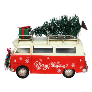 Red Metal Holiday Van with LED Christmas Tree Decor on a Battery Powered Timer, 10.5 x 7.5  Inches | Exhart
