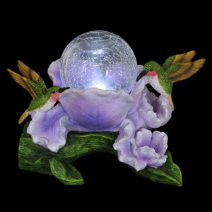 Solar Crackle Glass Orb in a Purple Blossom with Hummingbirds, 10 Inch