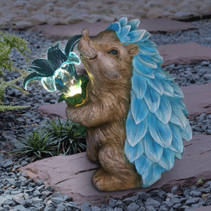 Solar Blue Hedgehog With LED Flower Garden Statue, 9 Inch | Shop Garden Decor by Exhart
