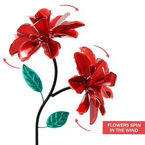 Double Rose Flower Wind Spinner Garden Stake Hand Painted in Metallic Red, 10 by 39 Inches | Shop Garden Decor by Exhart