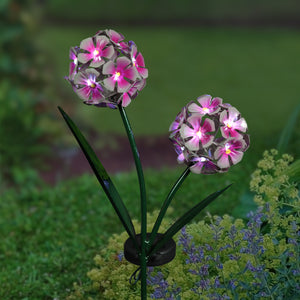 Solar Double Pink Hydrangea Metal Garden Stake with Thirty Four LED lights, 7 by 29 Inches | Shop Garden Decor by Exhart