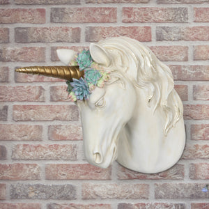 Hand Painted Faux Taxidermy Unicorn with Succulent Adorned Head and Gold Horn Hanging Wall Art, 14 Inch | Exhart