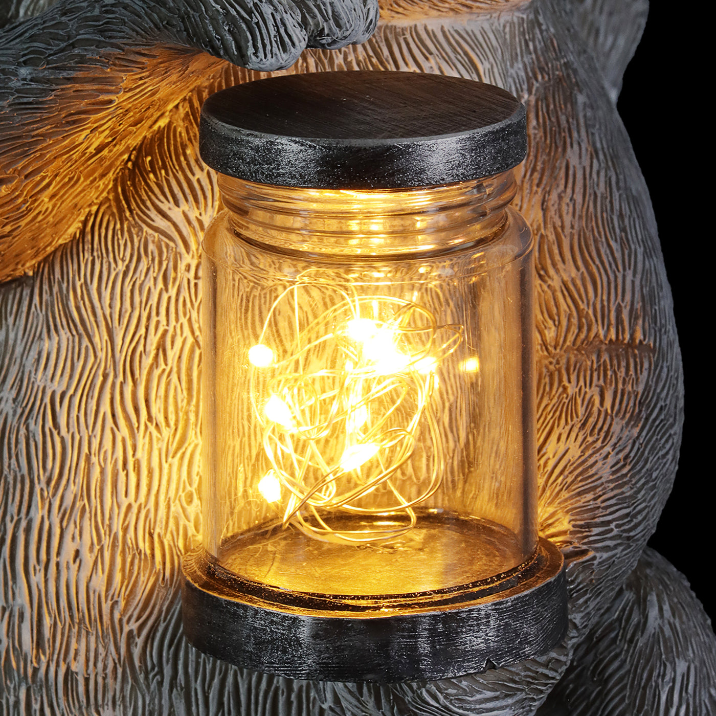 Solar Raccoon Garden Statuary with LED Firefly Jar, 10 Inches tall
