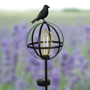 Solar Edison Bulb with LED String Lights in Metal Globe Garden Stake with Bird, 7 by 37 Inches