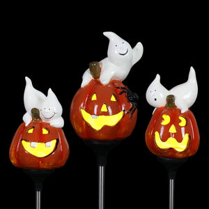 3 Piece Set Solar Pumpkin Jack O'lanterns with Friendly Ghosts Resin Garden Stake Assortment, 5 by 29 Inches