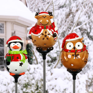 3 Piece Set Solar Holiday Garden Stake Assortment in Penguin, Owl and Reindeer Designs, 5 by 30 Inches
