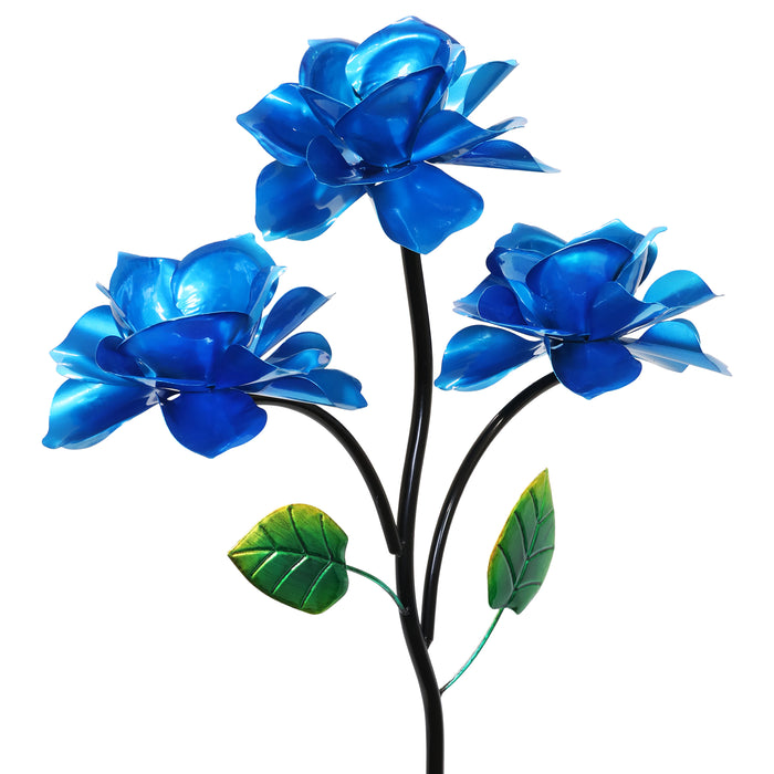 Triple Rose Flower Wind Spinner Garden Stake Hand Painted in Metallic Blue, 20 by 54 Inches