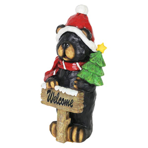 Hand Painted Holiday Bear Statue with Welcome Sign and Christmas Tree, 11.5 Inches | Shop Garden Decor by Exhart