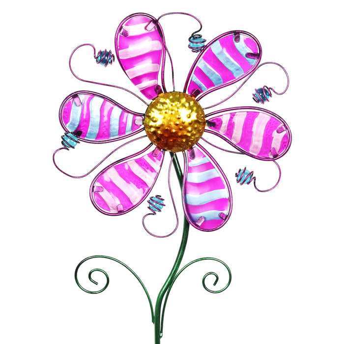 Whimsical Purple Flower Garden Stake Made of Glass and Metal, 11 by 36 Inches