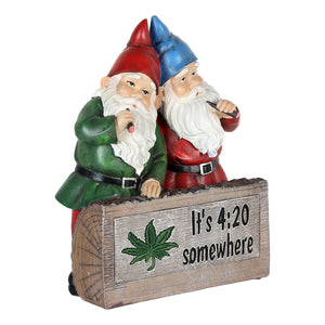 Solar Good Time Bud Buddies Marijuana Smoking Gnomes on a LED "It's 4:20 Somewhere" Sign Garden Statuary, 5 by 11 Inch | Exhart