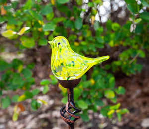 Exhart Solar Hand Blown Glass Bird Garden Stake in Yellow, 6 by 31 Inches