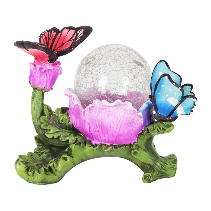 Solar Crackle Glass Orb Garden Art With Butterflies, 9 Inch