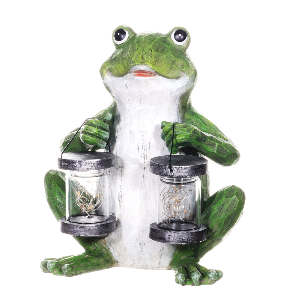 Solar Frog Garden Statuary with Two Firefly Jars, 16 LEDs, 5 x 12 Inches