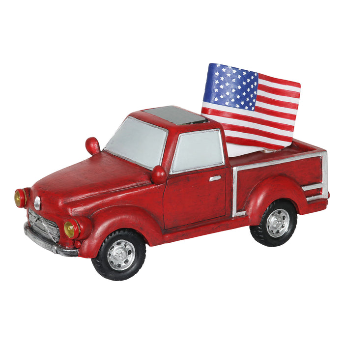 Solar Red Patriotic Garden Truck Statue with American Flag, 6.5 by 11 Inch