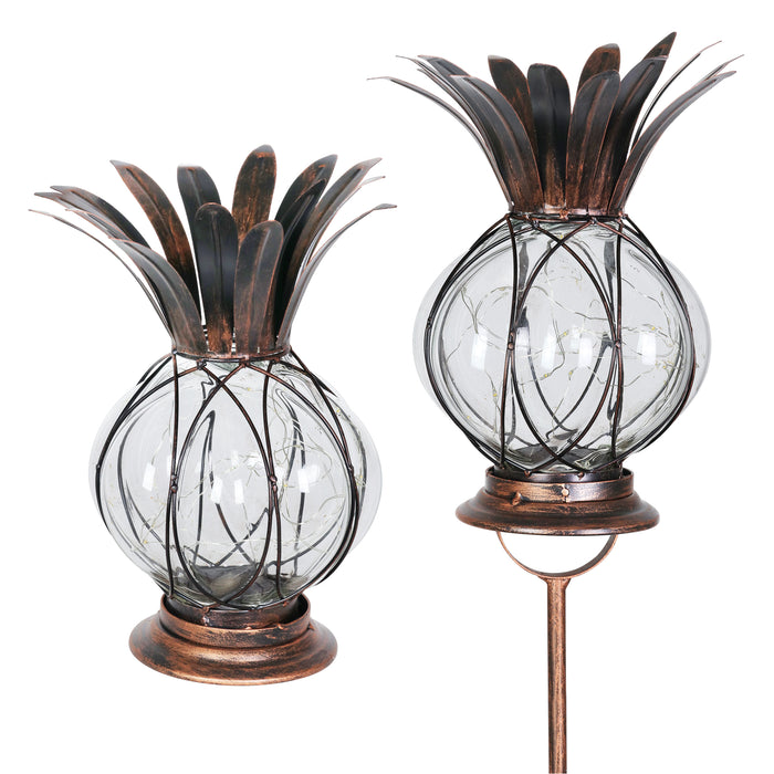 Solar Garden Pineapple Light in Bronze with Twelve LED Fairy Firefly String Lights, Dual Use as a Garden Stake or Table Top Lantern, 6 by 48 Inches