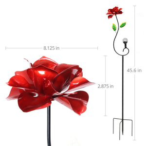 Rose Flower Wind Spinner Garden Stake with Solar Crackle Glass Ball Hand Painted in Metallic Red, 12 by 44 Inches | Exhart