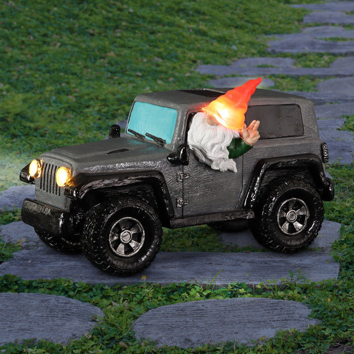 Solar Hand Painted Grey Off-Roading Gnome Garden Statue, 11 by 6.5 Inches
