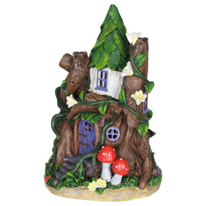 Solar Whimsical Fairy House Garden Statue with Purple Door and Two Red Mushrooms, 12 Inch | Shop Garden Decor by Exhart