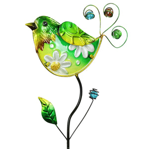 Exhart Hand Painted Glass and Metal Green Bird Garden Stake, 35 inches