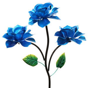 Triple Rose Flower Wind Spinner Garden Stake Hand Painted in Metallic Blue, 20 by 54 Inches | Shop Garden Decor by Exhart