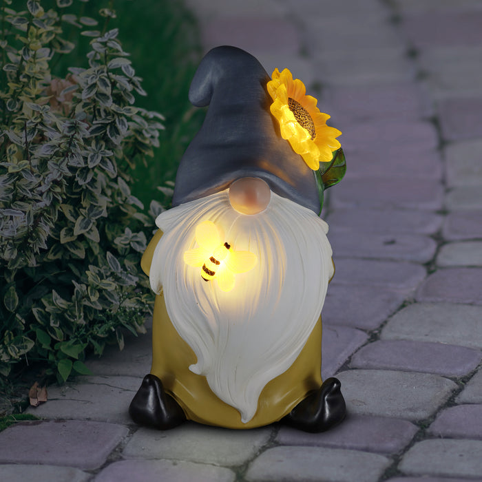 Solar Hand Painted Garden Gnome Statue with Glowing LED Sunflower Hat and Bumblebee, 5.5 by 9 Inches