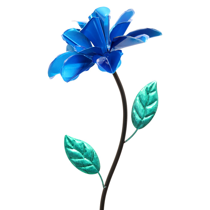Rose Flower Wind Spinner Garden Stake, Hand Painted in Metallic Blue, 8 by 39 Inches