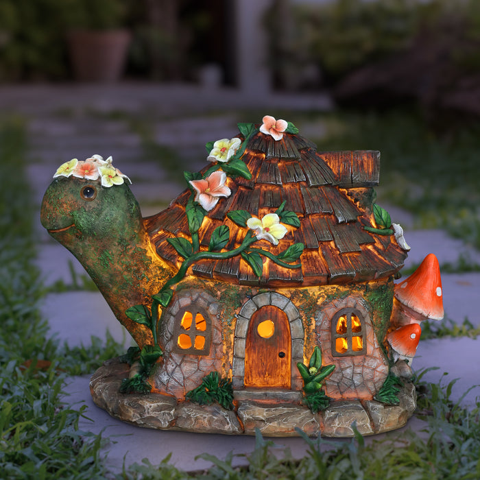 Solar Hand Painted Turtle Fairy Garden House Statue,  9.5 by 7.5 Inches
