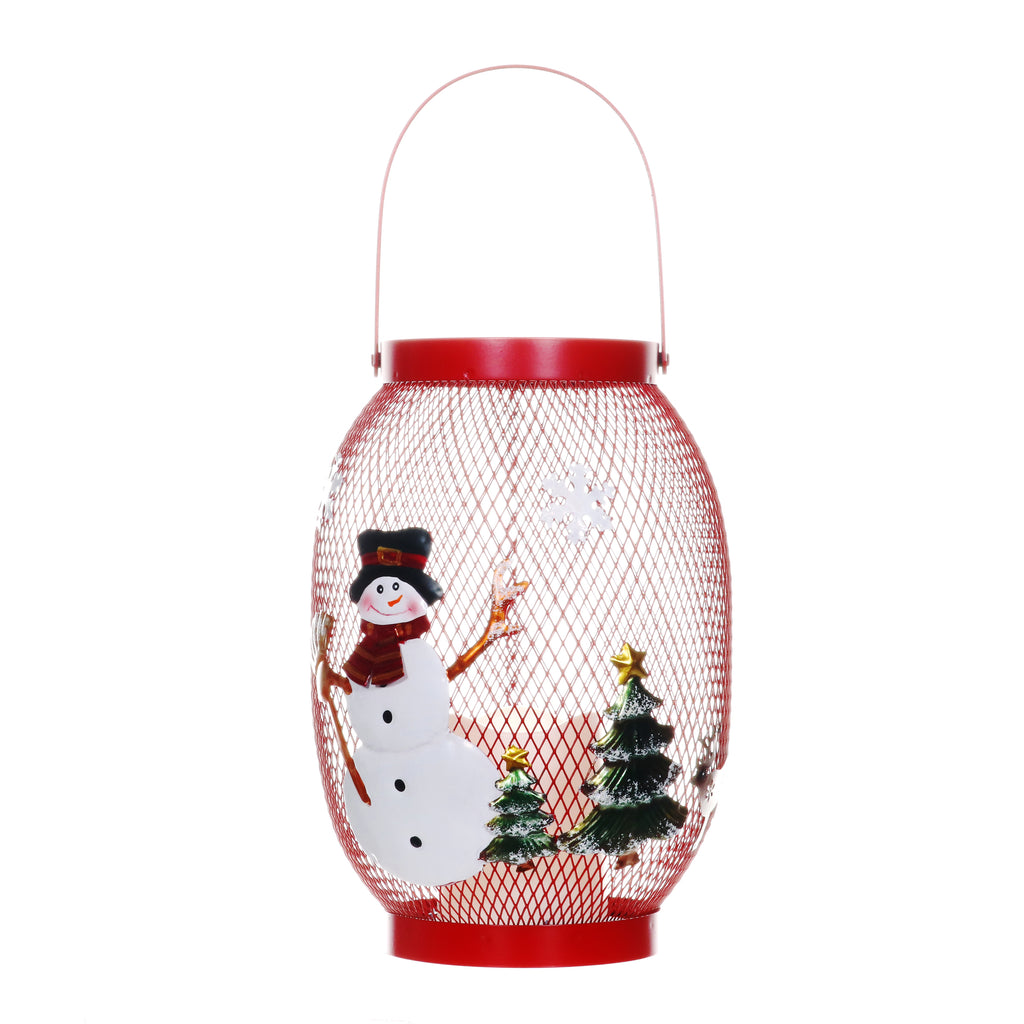 Christmas Snowman Lantern with LED Candle on a Battery Powered Timer, 14.5  Inch