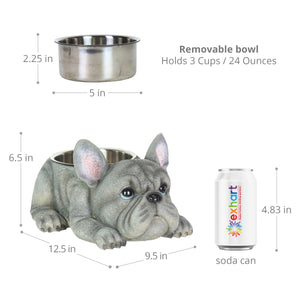Grey French Bulldog Bowl with Stainless Bowl Insert, 12 by 6 Inches | Shop Garden Decor by Exhart