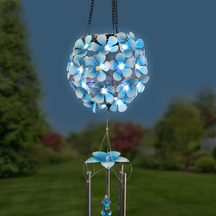 Solar Hanging Turquoise Hydrangea Flower Ball Wind Chime with Thirty-Eight LED Lights, 6 by 27 Inches