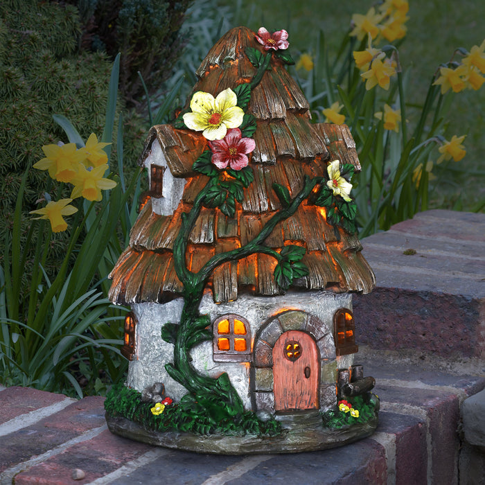 Solar Wood Shingle Roof Fairy House Garden Statue, 10 by 15 Inches