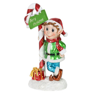 Hand Painted LED Candy Cane Elf Statuary with Merry Christmas Sign on a Battery Powered Timer, 10.5 Inches | Exhart