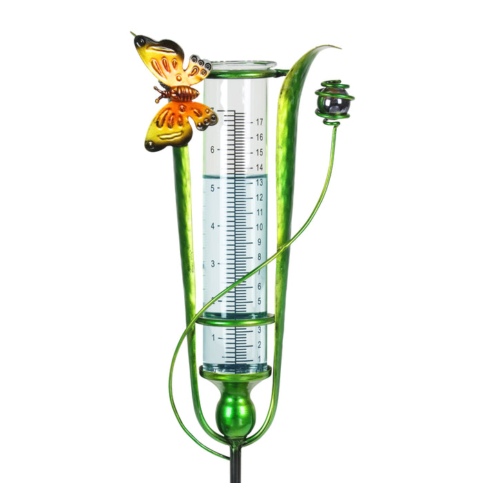 Solar Metal and Glass Butterfly Rain Gauge Garden Stake, 7.5 by 27 Inches