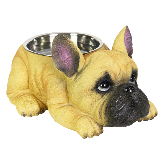 Tan French Bulldog Bowl with Stainless Bowl Insert, 12 by 6 Inches