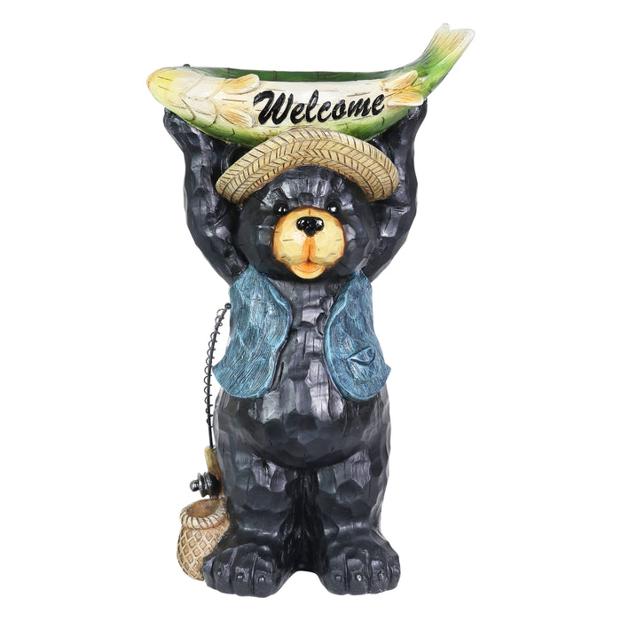 Hand Painted Fisherman Bear Statuary with Welcome Fish Bird Feeder, 11 by 20.5 Inches
