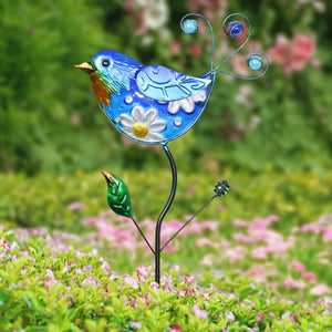 Exhart Hand Painted Glass and Metal Blue Bird Garden Stake, 35 inches