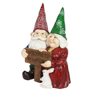 Solar Pastel Garden Gnome Couple with LED Welcome Sign Statuary, 15 by 23 Inches | Shop Garden Decor by Exhart