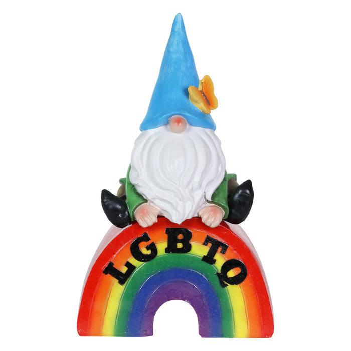 Gnome on a Glowing LGBTQ Rainbow Statuary with Automatic Timer, 7 by 11.5 Inches