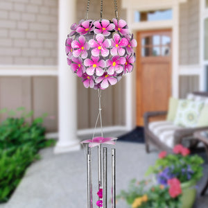 Solar Hanging Pink Hydrangea Flower Ball Wind Chime with Thirty-Eight LED Lights, 6 by 27 Inches | Shop Garden Decor by Exhart