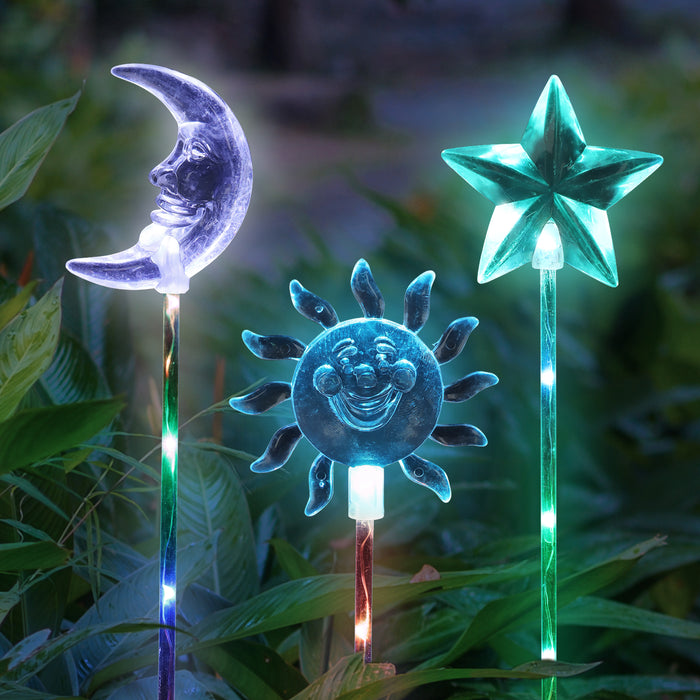 Set of 3 Solar Color Changing Acrylic Garden Stakes with 5 LEDs in Sun, Moon and Star Designs, 4 by 28 Inches