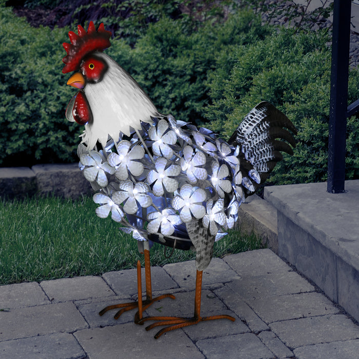 Solar White Metal Rooster with 43 LEDs in a Flower Body Garden Statue, 17.5 by 16 Inches