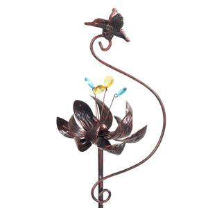 Kinetic Lotus with Hummingbird Bronze Spinner Garden Stake, 8 by 42.5 Inches | Shop Garden Decor by Exhart